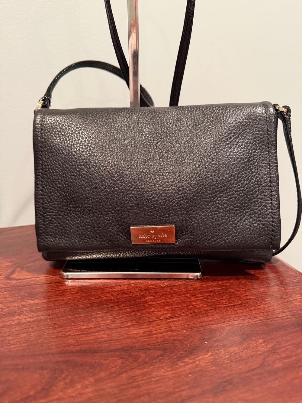 kate spade Black Pebbled Leather Crossbody with Gold Logo Plate